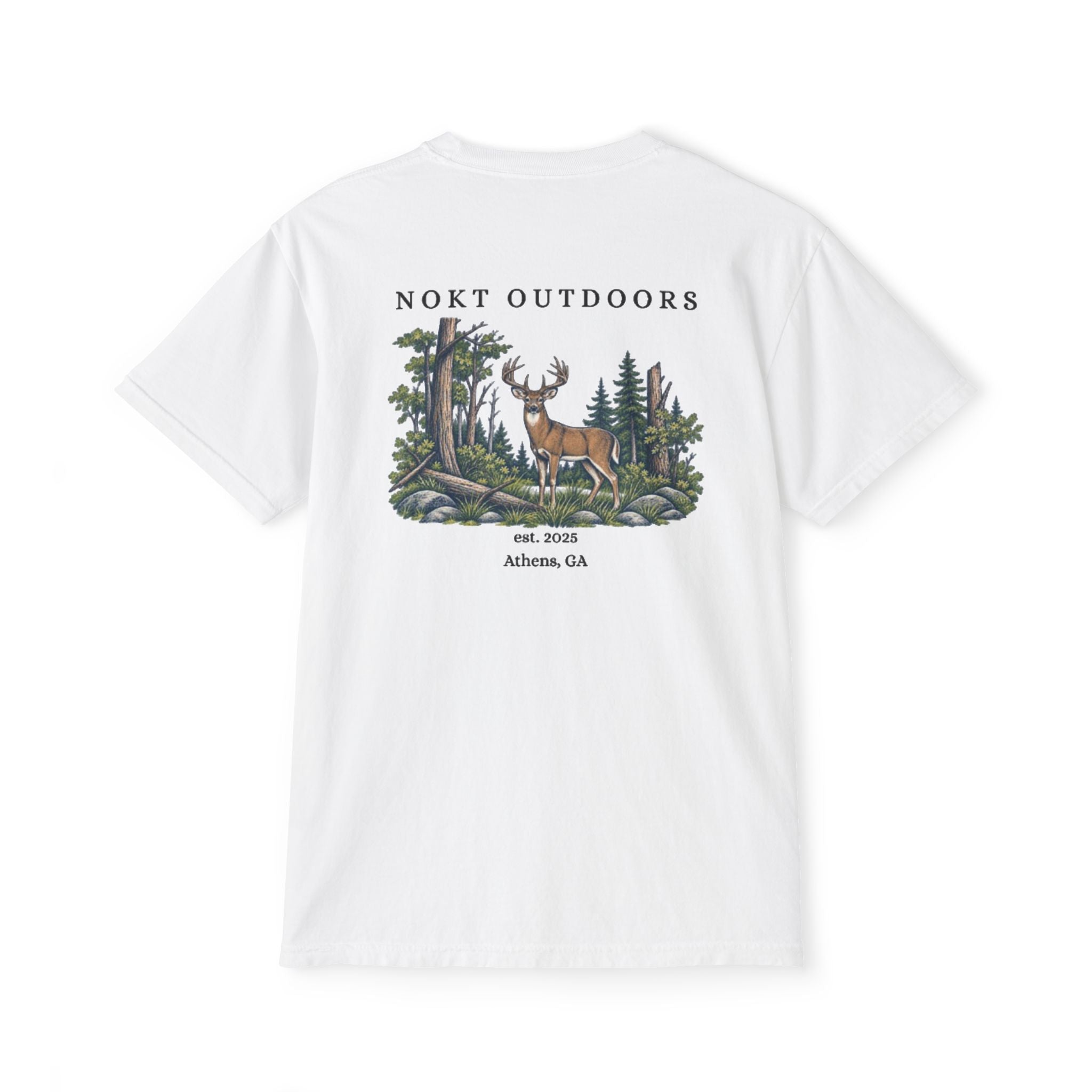 Outdoors Pocket T-Shirt — "Nokt Outdoors" Deer Forest Graphic