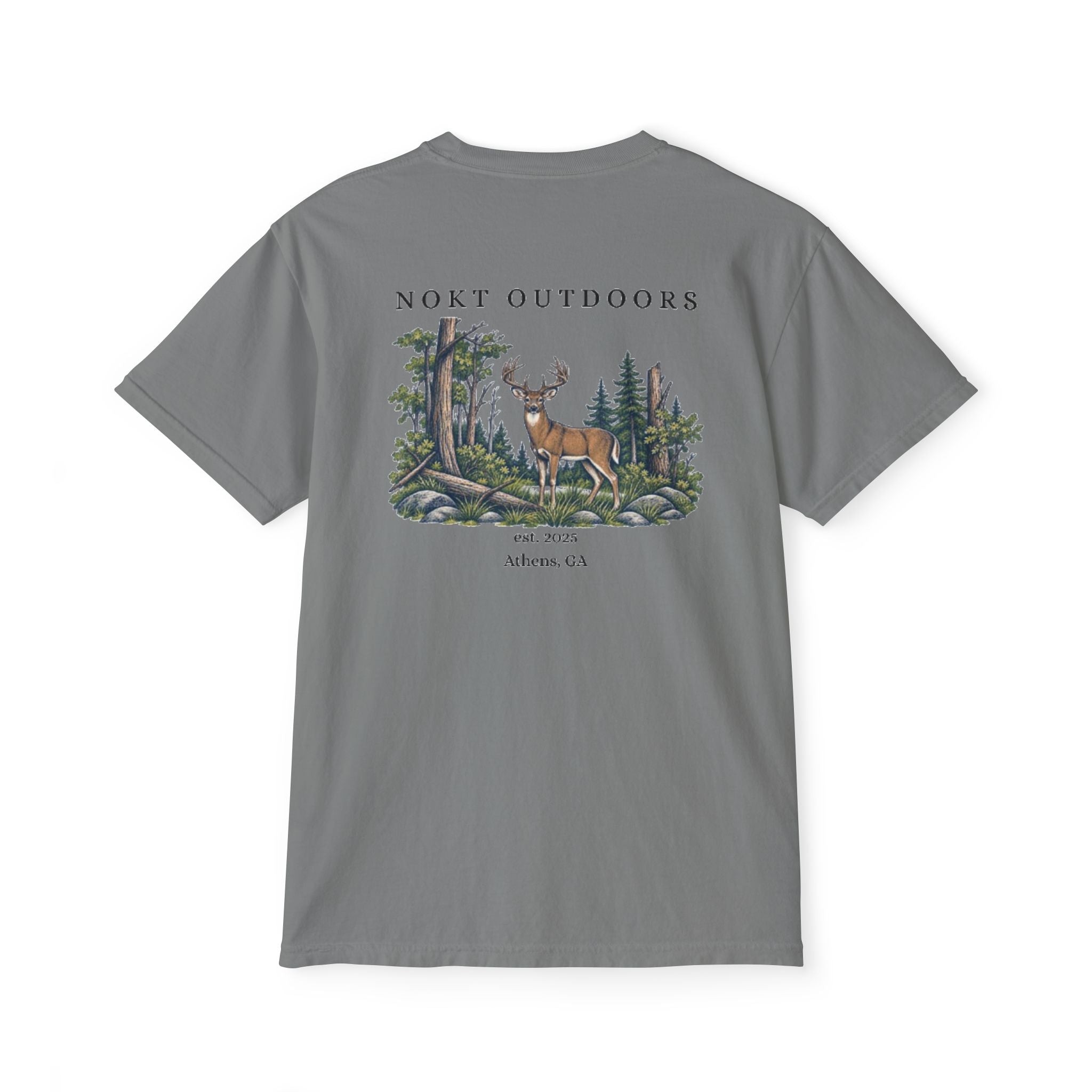 Outdoors Pocket T-Shirt — "Nokt Outdoors" Deer Forest Graphic